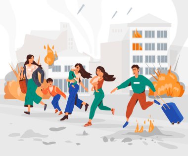 Bombalamalardan kaçıyorlar. Erkekler, çocuklar, kadınlar. Pankart, poster. Ukrayna 'da askeri operasyonlar. Savaş tehdidi kavramı. Şehir yanıyor. Patlamalar, roketler, bombalar, yangınlar. Savaşı durdurun.