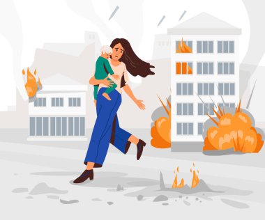 Bombalamalardan kaçıyorlar. Anne ve çocuk. Pankart, poster. Ukrayna 'da askeri operasyonlar. Savaş tehdidi kavramı. Şehir yanıyor. Patlamalar, roketler, bombalar, yangınlar. Savaşı durdurun. Vektör