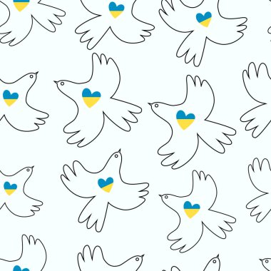Barış güvercinleriyle kusursuz bir düzen. Ukrayna 'daki savaşı durdurun. Barışın sembolü. Doğrusal tasarım. Vektör çizimi. Mavi bir arkaplanda izole edilmiş.
