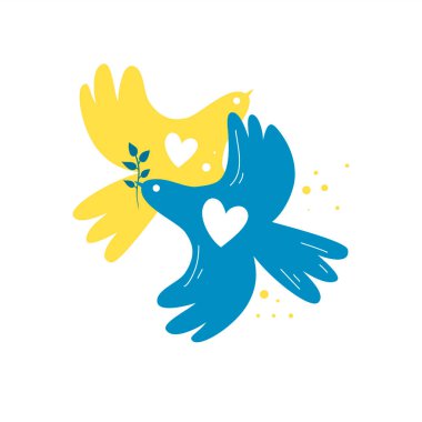 Ukrayna bayrağı kalpleriyle barış güvercinleri. Ukrayna 'daki savaşı durdurun. Barışın sembolü. Düz dizayn. Vektör çizimi. Beyaz bir arkaplanda izole edilmiş.