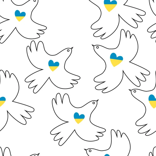Seamless pattern with doves of peace. Stop the war in Ukraine. A symbol of peace. Linear design. Vector illustration. Isolated on a white background. — Archivo Imágenes Vectoriales