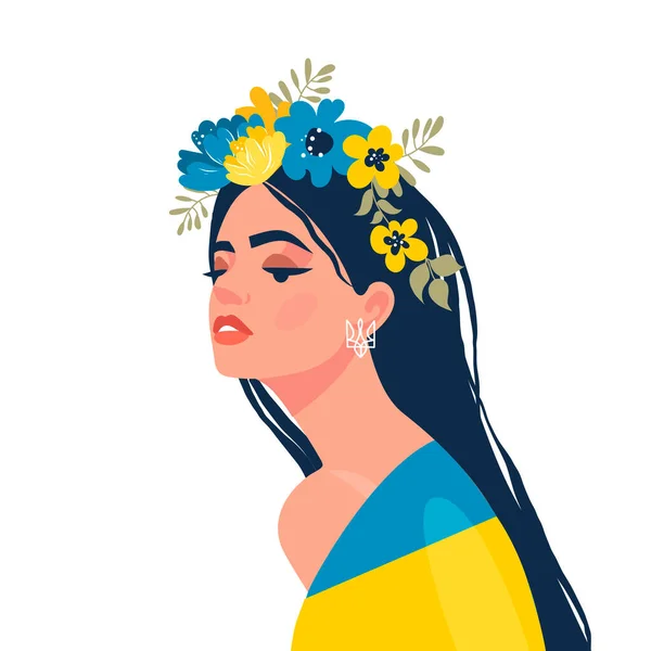 Woman in Ukrainian symbols. Art. Ukraine support concept. No war. Support for Ukraine. Vector. Isolated.