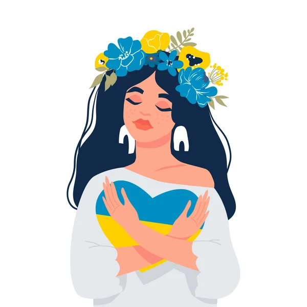 The girl hugs a heart with the colors of the flag of Ukraine. The concept of stay with Ukraine . There is no war. Support for Ukraine. Vector illustration. Isolated. — Stockvektor