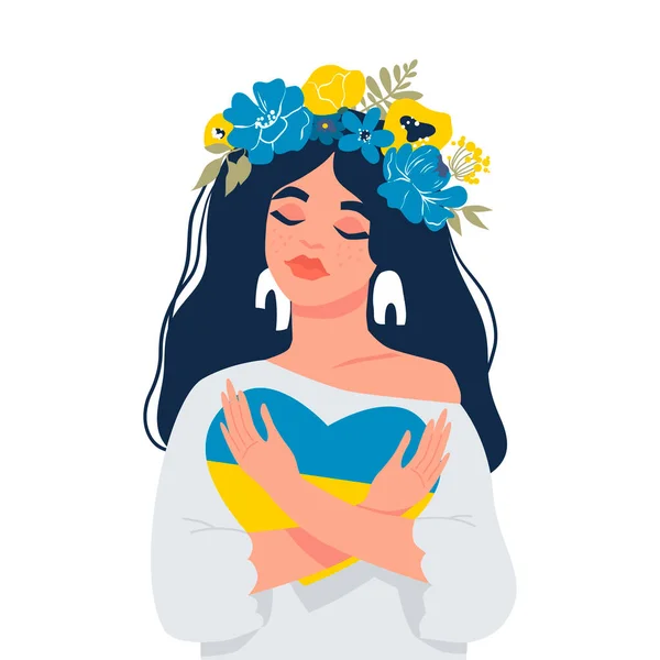 The girl hugs a heart with the colors of the flag of Ukraine. The concept of stay with Ukraine . There is no war. Support for Ukraine. Vector illustration. Isolated.