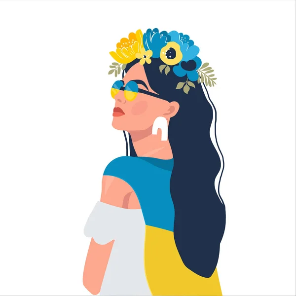 Woman in Ukrainian symbols. Art. Ukraine support concept. No war. Support for Ukraine. Vector illustration. Isolated. — стоковый вектор