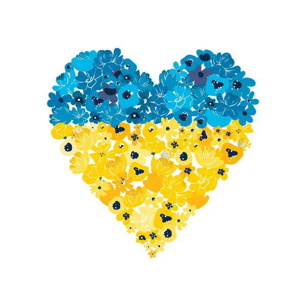 Srdce z květin. Vlajka Ukrajiny, symbol. Žádná válka. Modro-žlutá. Izolovaná vektorová ilustrace. — Stockový vektor