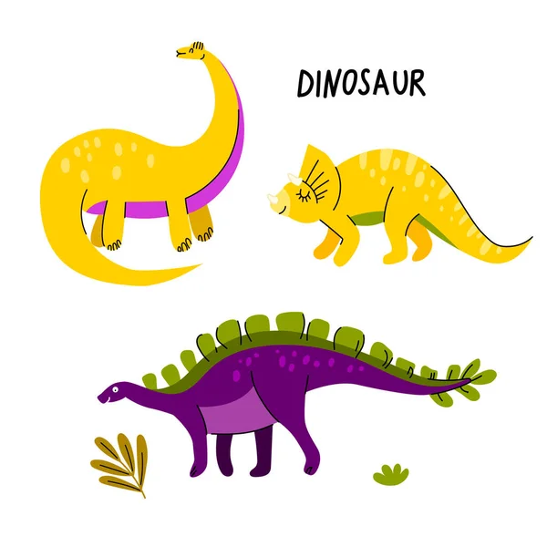 Colección Dinosaurios Lindos Triceratops Diplodocus Stegosaurus Plants Flat Isolated — Vector de stock