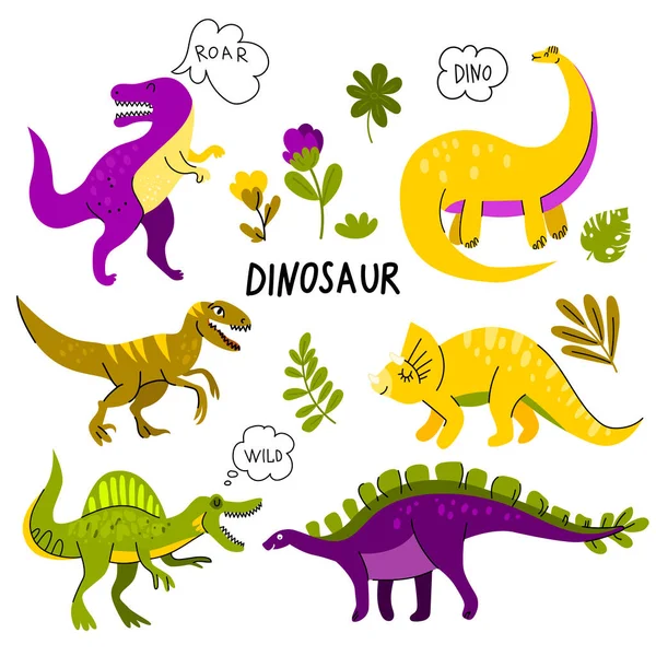 Collection Dinosaures Mignons Tyrannosaurus Tricératops Vélociraptor Diplodocus Spinosaurus Stegosaurus Plantes — Image vectorielle