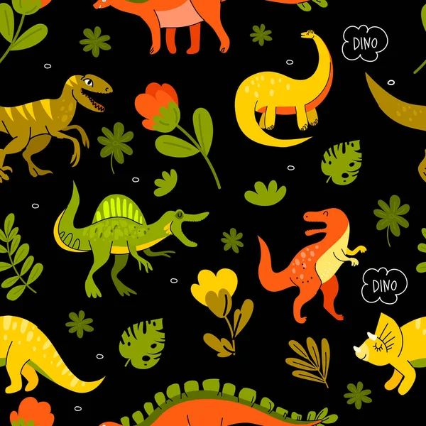 Pola Mulus Dengan Dinosaurus Lucu Tanaman Cocok Untuk Wallpaper Anak - Stok Vektor