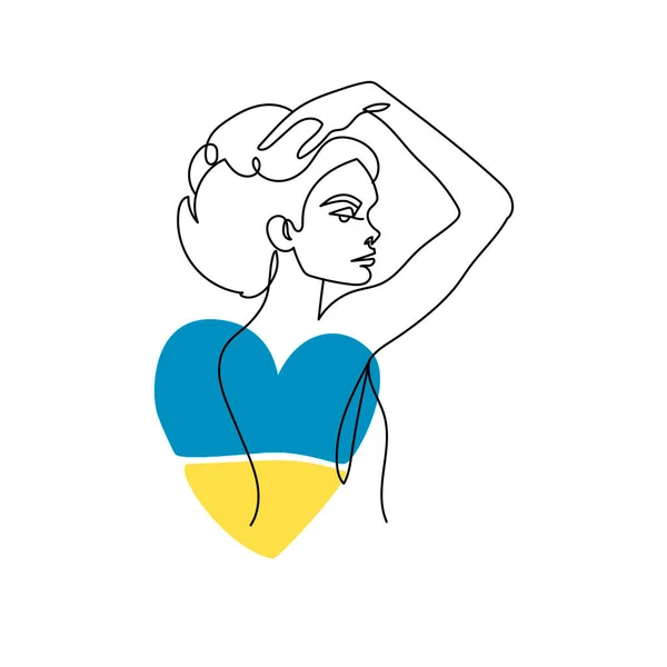 Woman in Ukrainian symbols. Art. Ukraine support concept. No war. Vector illustration. Isolated, line art