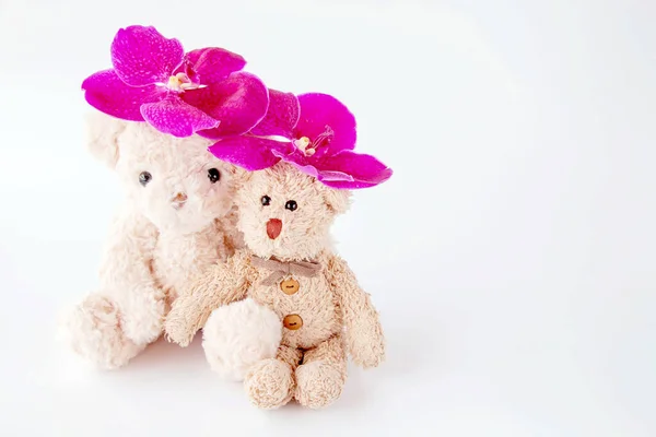 Ein Nettes Paar Teddybär Spielzeug Mit Blume — Stockfoto