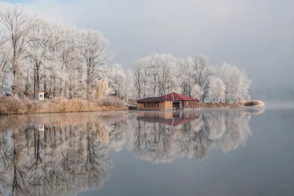 湖边的房子 大自然从秋天向冬天的过渡 湖上多雾 阳光灿烂的早晨 一个罕见的自然现象 湖面上的雾气 树上和草地上的涟漪 — 图库照片