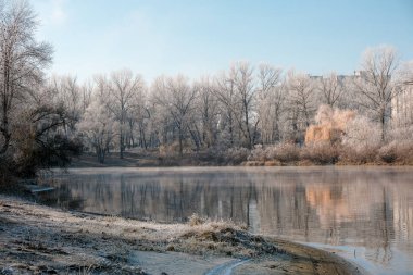 Sonbahar sabahı manzarası. Sis içinde gölün üzerinde gün doğumu. Kışın başlangıcında, ağaçların ve çimlerin üzerindeki yumurtayı. Nadir görülen bir doğa olayı - sis, don ve gün doğumu.