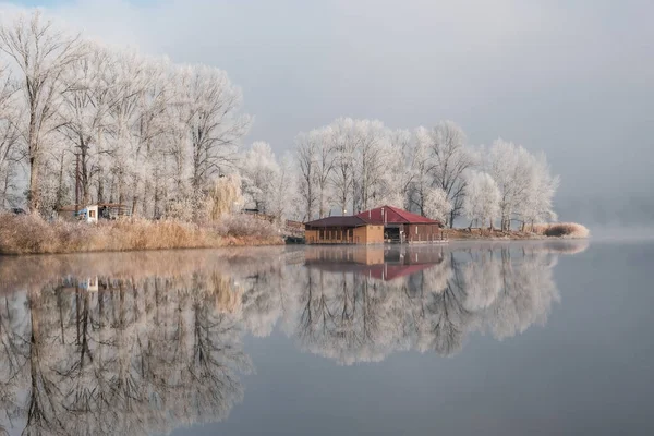 湖のそばの家 秋から冬への自然の移行 湖の霧と日当たりの良い朝 珍しい自然現象です 湖の上の霧や木々や草の波紋 — ストック写真