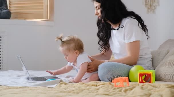 Freelancer Woman Working Home Kid Prevents His Mother Working Laptop — Stock Video