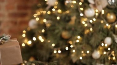 Bir kadın Noel arifesinde Noel ağacının altına hediye koyar..