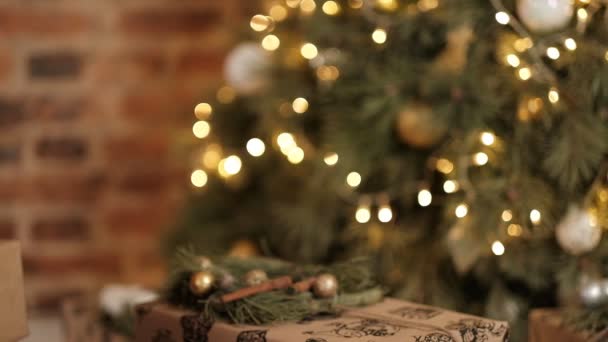 Kobieta kładzie prezent pod choinką w przeddzień świąt.. — Wideo stockowe