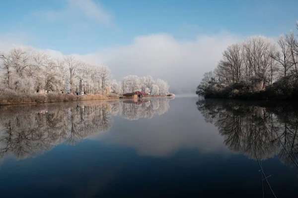 가을에서 겨울로 자연의 안개가 자욱하고 호수에서 현상입니다 거품을 나무와 잔물결을 — 스톡 사진
