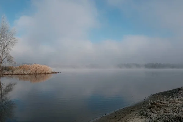 Autumn Morning Landscape Sunrise Lake Fog Beginning Winter Roe Trees — Stock Photo, Image