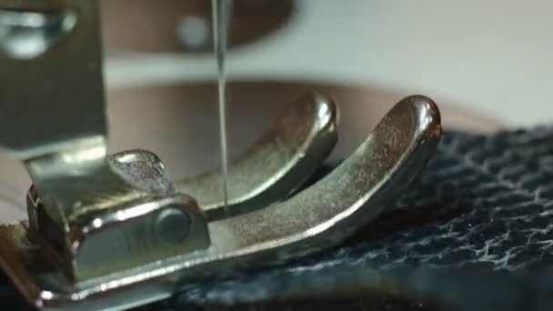 小企业 缝纫车间 女裁缝在缝纫机上工作 缝纫机的特写 缝纫机的针头上下运动 慢动作 — 图库视频影像
