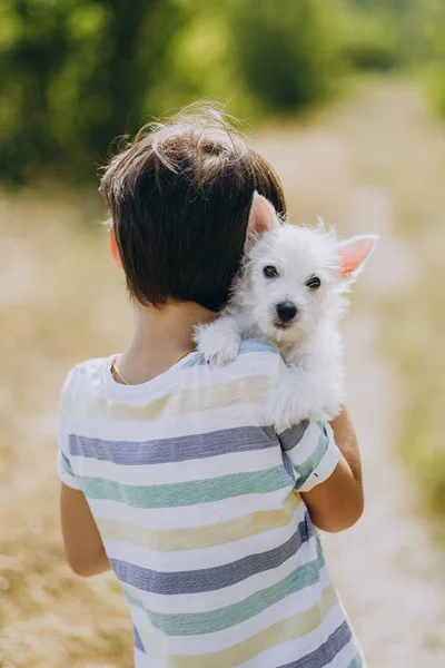 Prietenia Unui Copil Câine Băiat Fericit Care Ţine Căţeluş West fotografii de stoc fără drepturi de autor