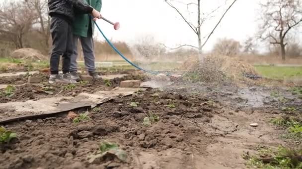 Grandson helps grandmother to work in the garden in spring. A boy helps his grandmother water the garden. — Wideo stockowe
