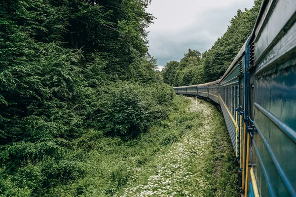 Yazın trenle dağlara seyahat et. Tren penceresinden manzara çok güzel. Yaz tatili dağlarda.