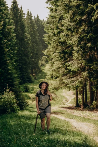 夏天的山之行 一个女人夏天在森林里散步 在山上远足 夏天的积极假日 沿着森林之路走 — 图库照片