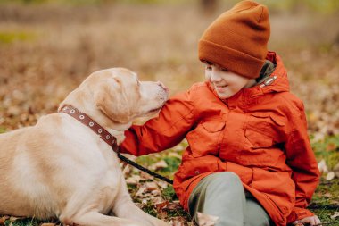 Köpeği olan bir çocuğun arkadaşlığı. Hayvanlara ve hümanizme karşı sevgiyle çocuk yetiştirmek. Bir çocuk sonbaharda parkta yürürken labrador av köpeğini kucaklıyor..