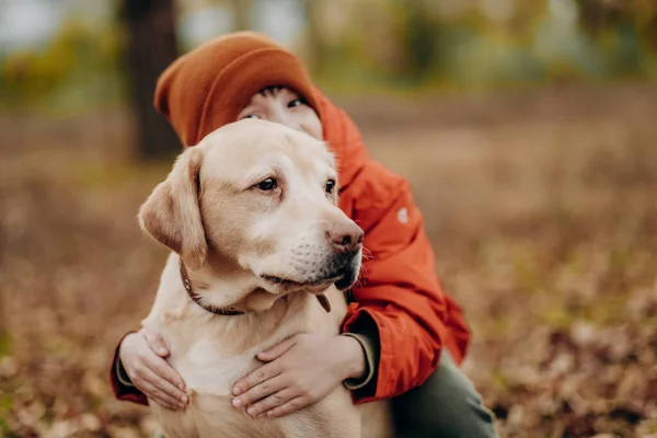 Venskab Barn Med Hund Opdrage Børn Med Kærlighed Til Dyr - Stock-foto