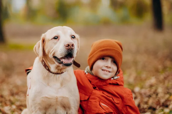 Venskab Barn Med Hund Opdrage Børn Med Kærlighed Til Dyr - Stock-foto