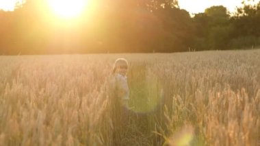 Çocuk yazın gün batımında bir buğday tarlasında yürür. Dünya tahıl krizi.