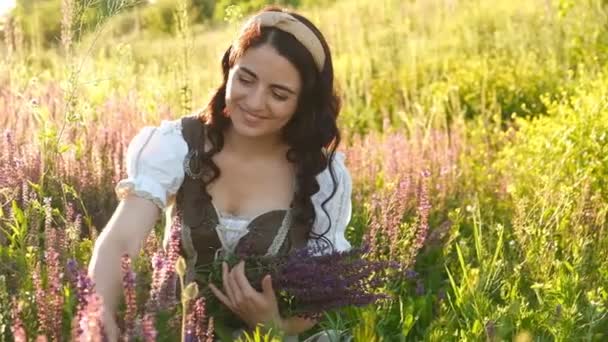 Young Woman Dress Stands Meadow Purple Flowers Her Hands Sunset — Stok video