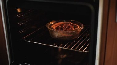 A woman takes a pie out of the oven. Cooking food at home. Homemade baking. The cook draws a fragrant hot cake from the hot oven.