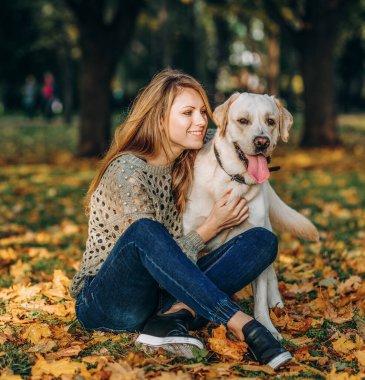 A young blonde woman is playing in the autumn park with her labrador. Evening walk with a labrador. Love for pets.