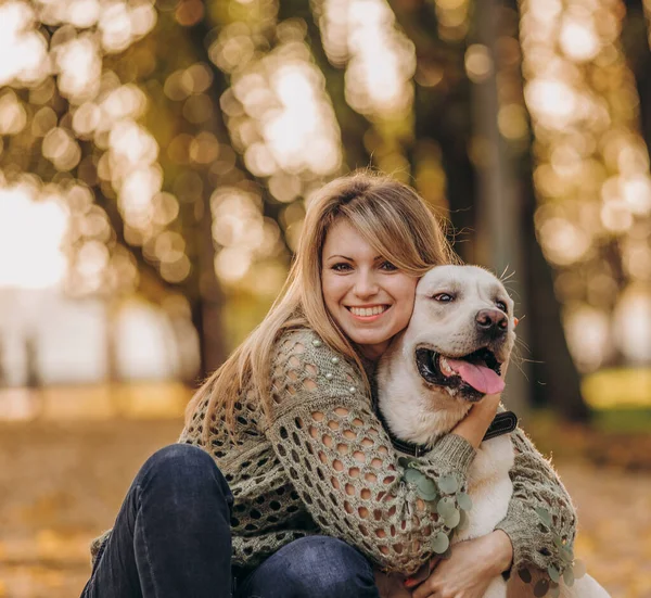 A young blonde woman is playing in the autumn park with her labrador. Evening walk with a labrador. Love for pets.
