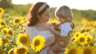 A young beautiful brunette plays with her little child on a walk in a field of sunflowers. Deficit of sunflower oil in the world. Family walk in the countryside in summer on