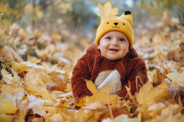 The kid sits in yellow leaves in the park for a walk. Family autumn walk in the evening in the park with children. Happy motherhood.