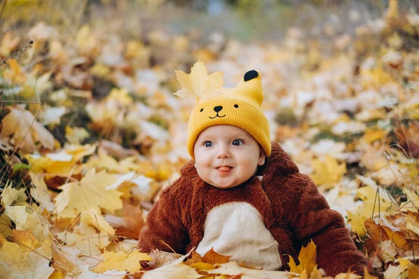 Kid Sits Yellow Leaves Park Walk Family Autumn Walk Evening — Stockfoto