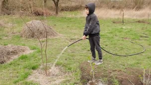 Jongen Helpt Zijn Grootvader Het Voorjaar Jonge Bomen Tuin Water — Stockvideo