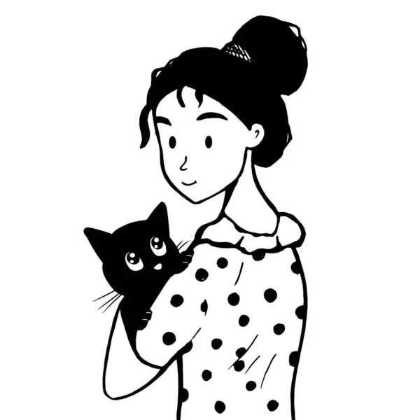 Una Chica Sosteniendo Gato Negro Bosquejo Gráficos Vectores Eps — Vector de stock