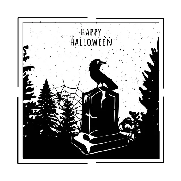 Landscape Halloween Square Frame Headstone Crow Forest Cobweb Spider Vector — Stock Vector