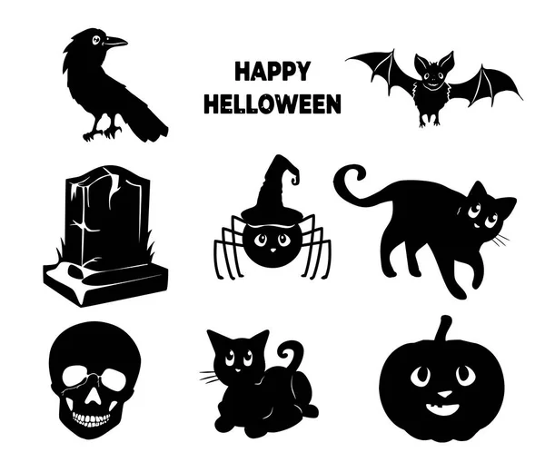 Prêt Pour Halloween Tikva Corbeau Souris Volante Araignée Chat Noir — Image vectorielle