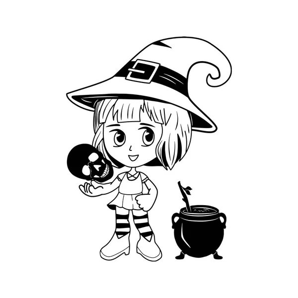 Uma garota de anime usando um chapéu de bruxa e segurando uma abóbora