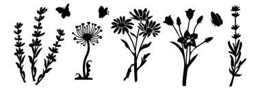 Lavanta silueti, papatya çayı, çan ve karahindiba çiçeği. Kelebekler uçar. Vektör. Eskiz. eps