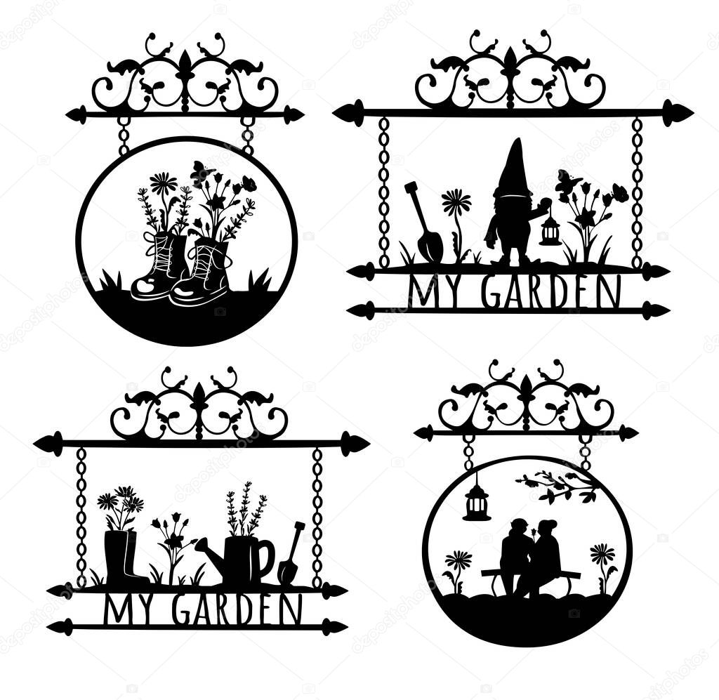 garden design. metal signboard with gnome, flowers, watering can, shovel, retro boots, rubber boots, elderly couple. laser cut design. vector. eps