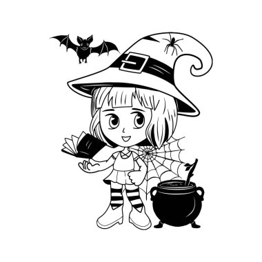 Küçük bir cadının robot resmi. Küçük cadı bir kitap tutuyor. Kazan, yarasa ve örümcek. Vektör grafikleri. Anime tarzı. eps