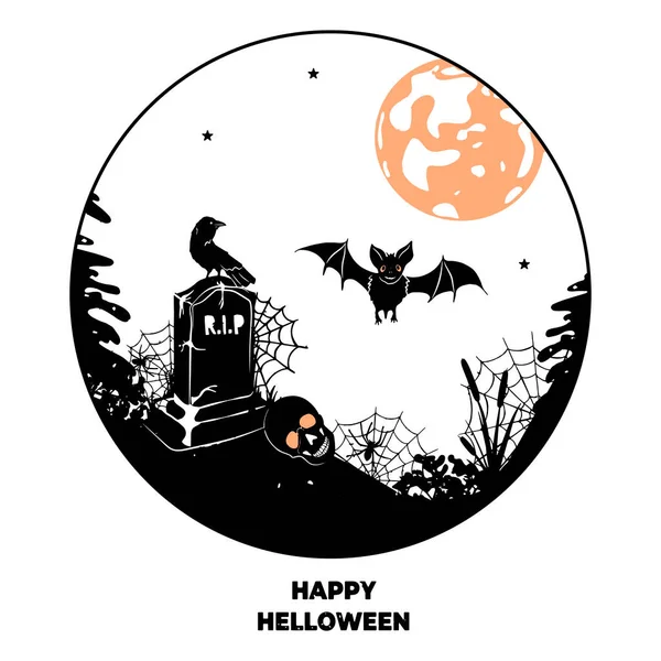 Joyeux Halloween Paysage Avec Crâne Pierre Tombale Chauves Souris Corneille — Image vectorielle