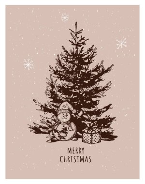 merry christmas. vector christmas card. christmas tree vector sketch. snowman waving his hand. gift box over Christmas tree. vector. sketch. hand drawing. eps
