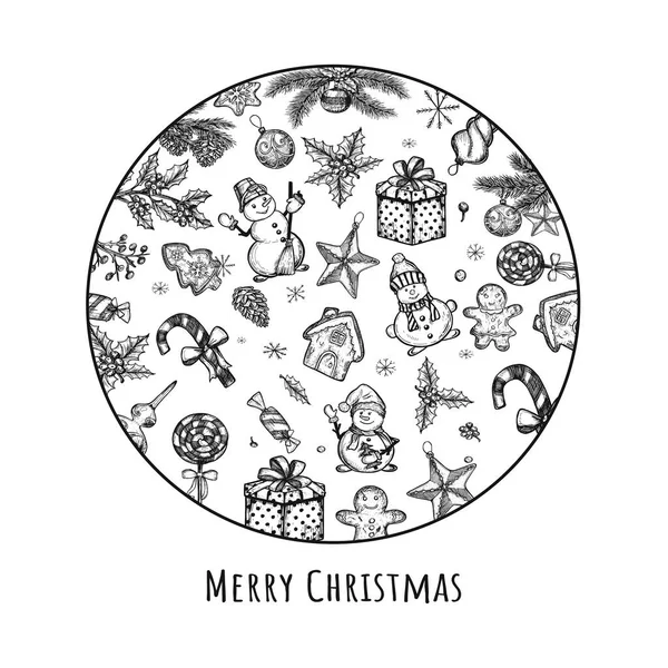 Merry Christmas Christmas Set Vector Sketch New Year Set Circle — Wektor stockowy